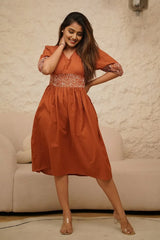 Rustic Orange Embroidered Midi Dress