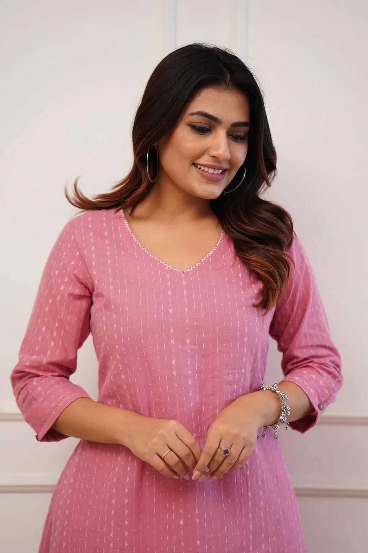 Pink Cotton Katha Work Kurta Set