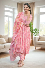 Pink Floral Kurti Set with Dupatta