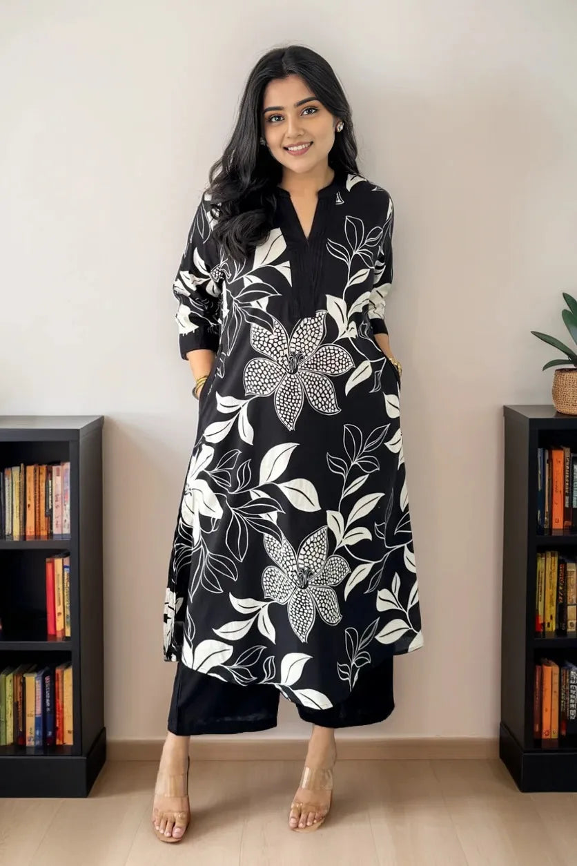 Black Floral Print Kurta with Palazzo