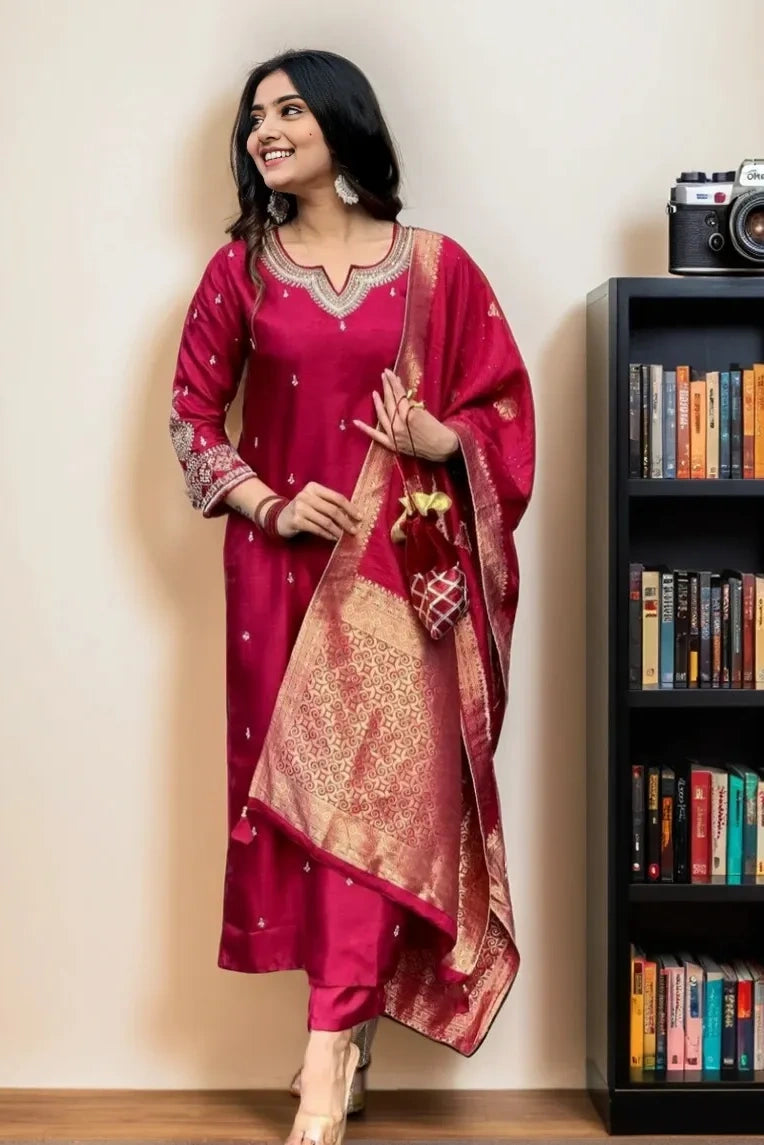 Pink Embroidered Silk Kurta Set