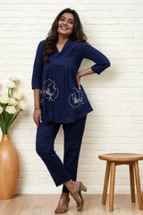 Royal Blue A-line Embroidery Kurta with Pant