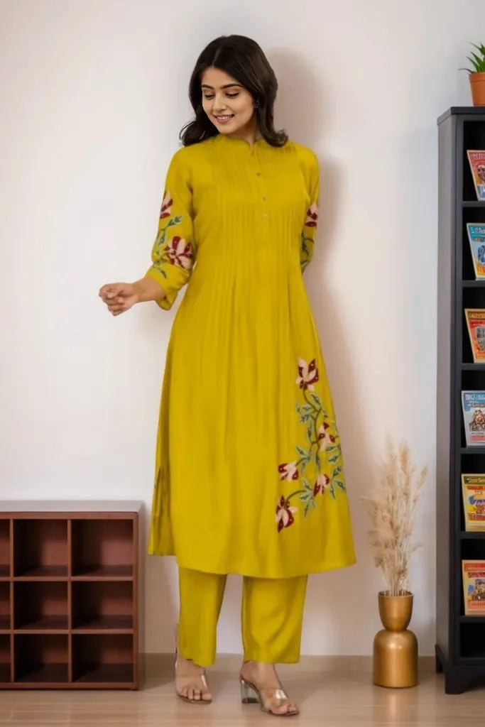 Mustard Embroidered A-Line Kurta with Pant