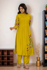 Mustard Embroidered A-Line Kurta with Pant
