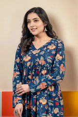 Dark Blue Floral Kurti Set with Dupatta