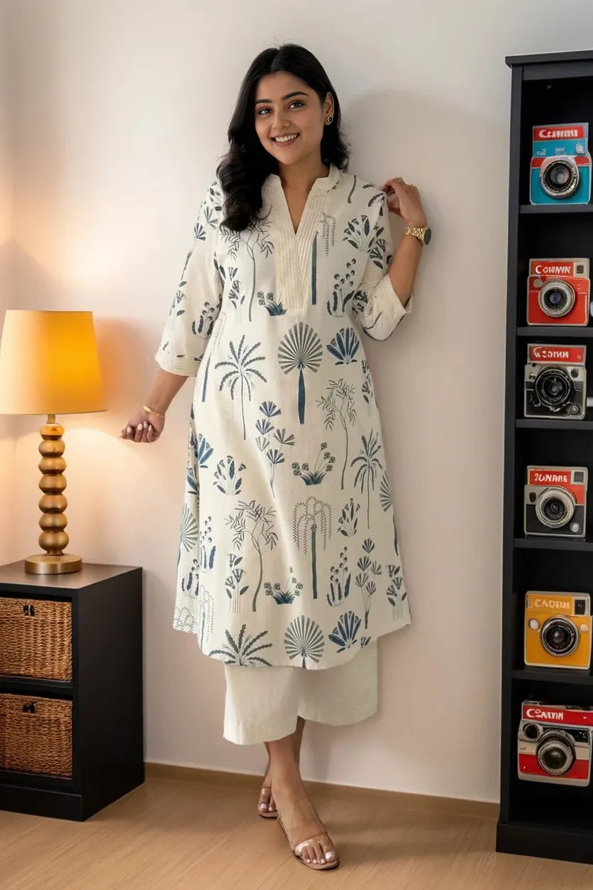 Blue Cotton Flex Kurta With Palazzo
