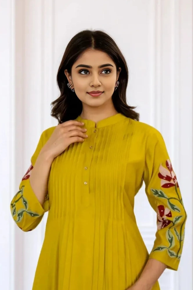 Mustard Embroidered A-Line Kurta with Pant