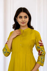 Mustard Embroidered A-Line Kurta with Pant