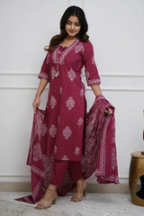Maroon Cotton Printed Kurta Set with Dupatta