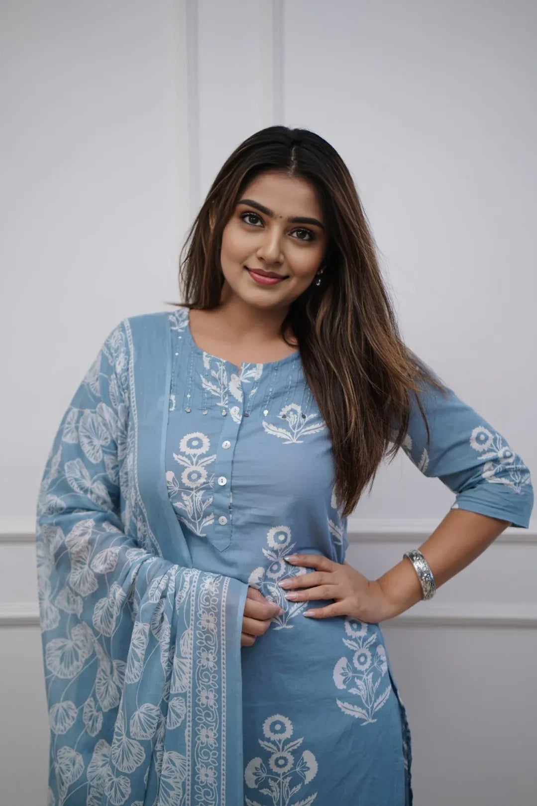 Sky Blue Floral Kurti Set with Dupatta