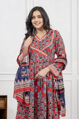 Red Cotton Angrakha Style Kurta Set
