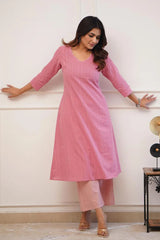 Pink Cotton Katha Work Kurta Set
