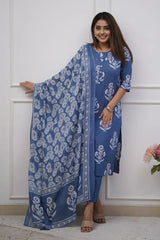 Blue Floral Kurti Set with Dupatta