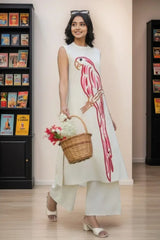 Pink Parrot Embroidered Cotton Flex Co-Ord Set