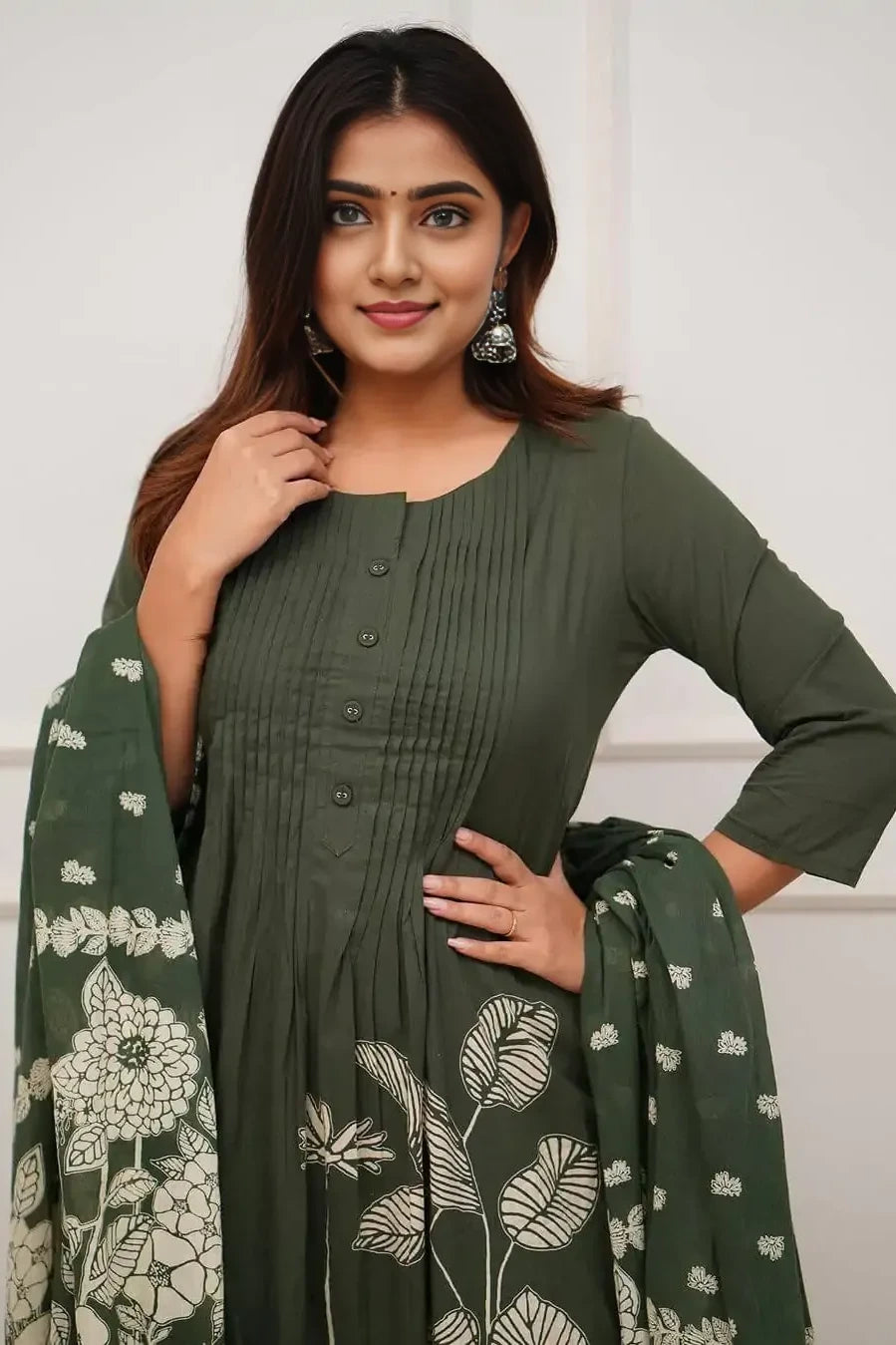 Army Green Floral Kurti Set with Dupatta