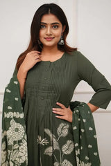 Army Green Floral Kurti Set with Dupatta