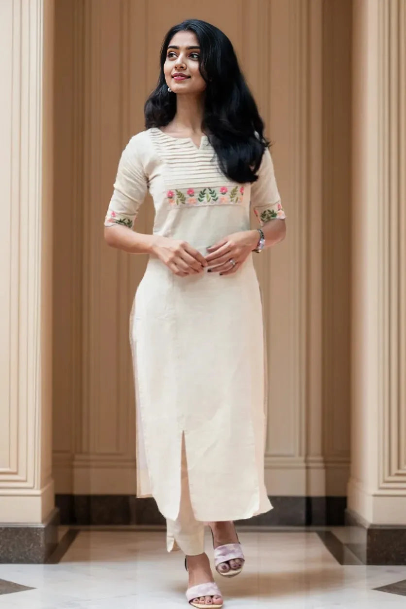 Off White Embroidered Kurta with Pant