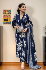 Blue Floral Kurta with Pant and Dupatta
