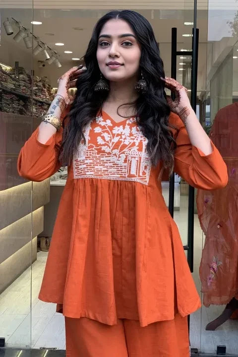 Orange A-line Embroidery Kurta with Palazzo