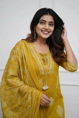 Mustard Cotton Printed Kurta Set with Dupatta
