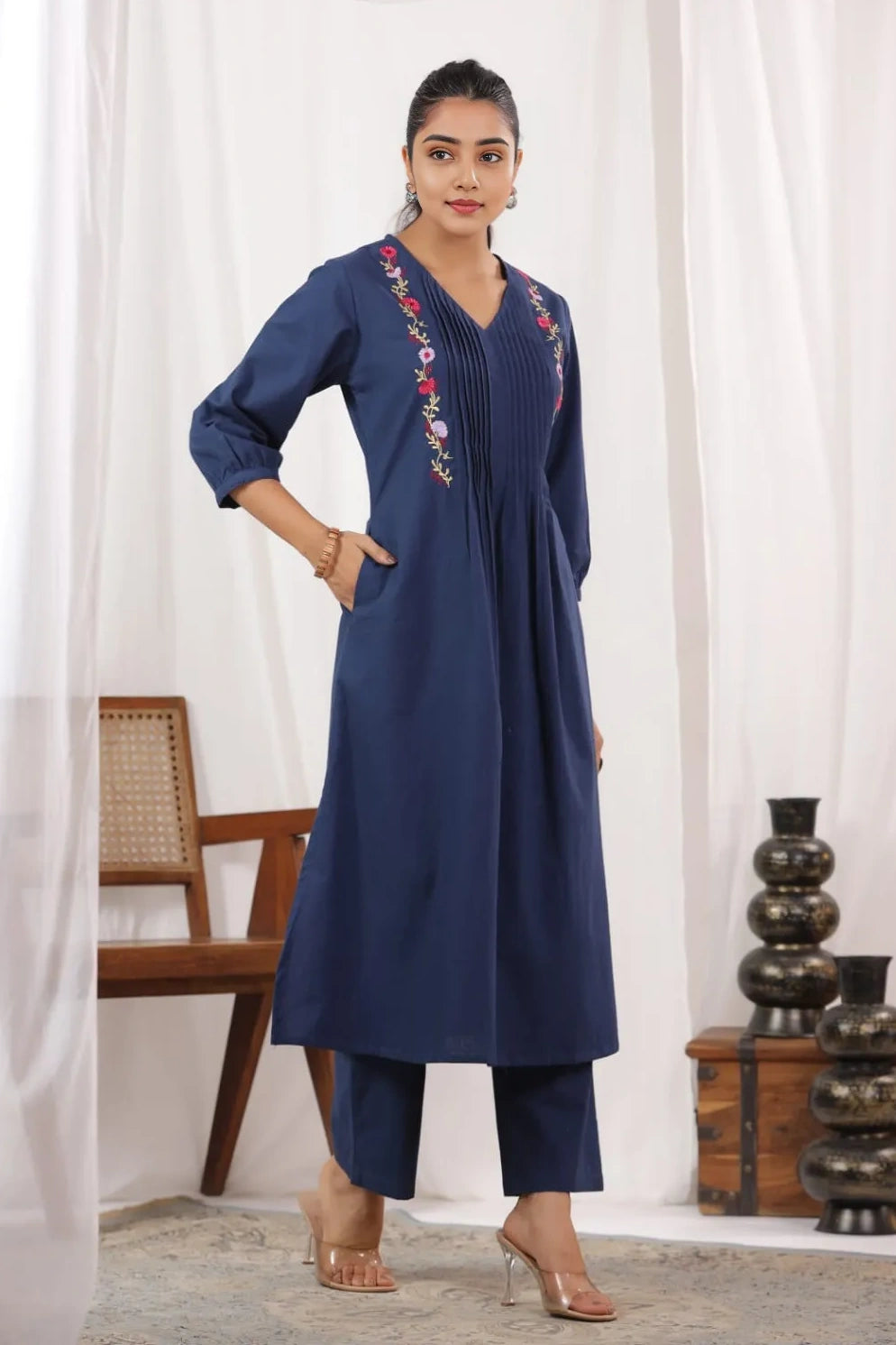 Blue Pintex A-Line Kurta with Pant