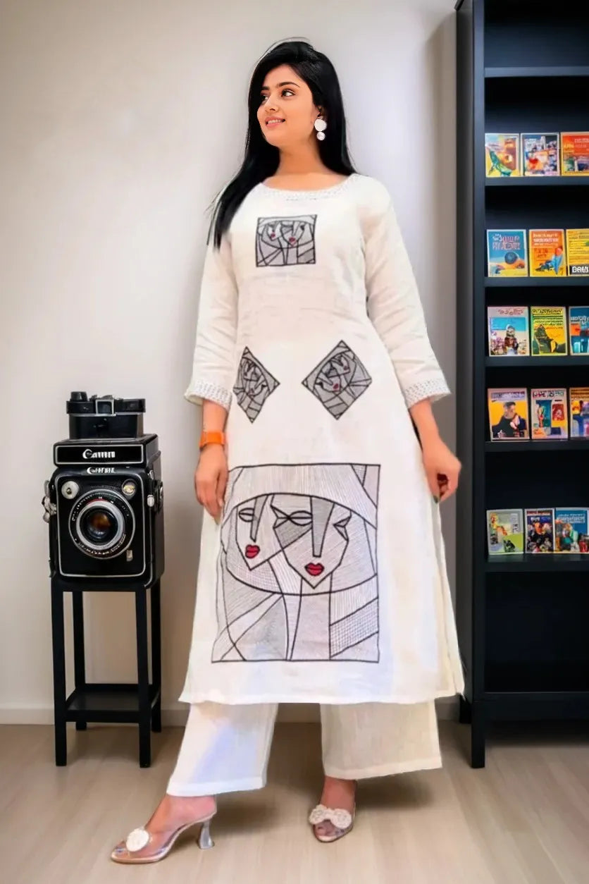 White Cotton Flex Kurta With Palazzo