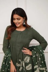 Army Green Floral Kurti Set with Dupatta