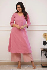 Pink Cotton Katha Work Kurta Set