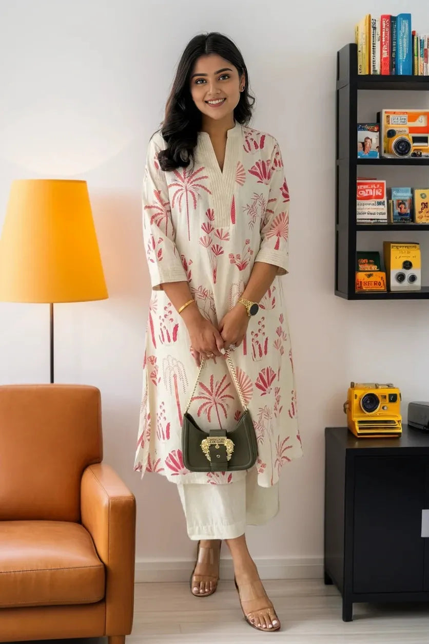 Pink Cotton Flex Kurta With Palazzo