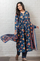Dark Blue Floral Kurti Set with Dupatta