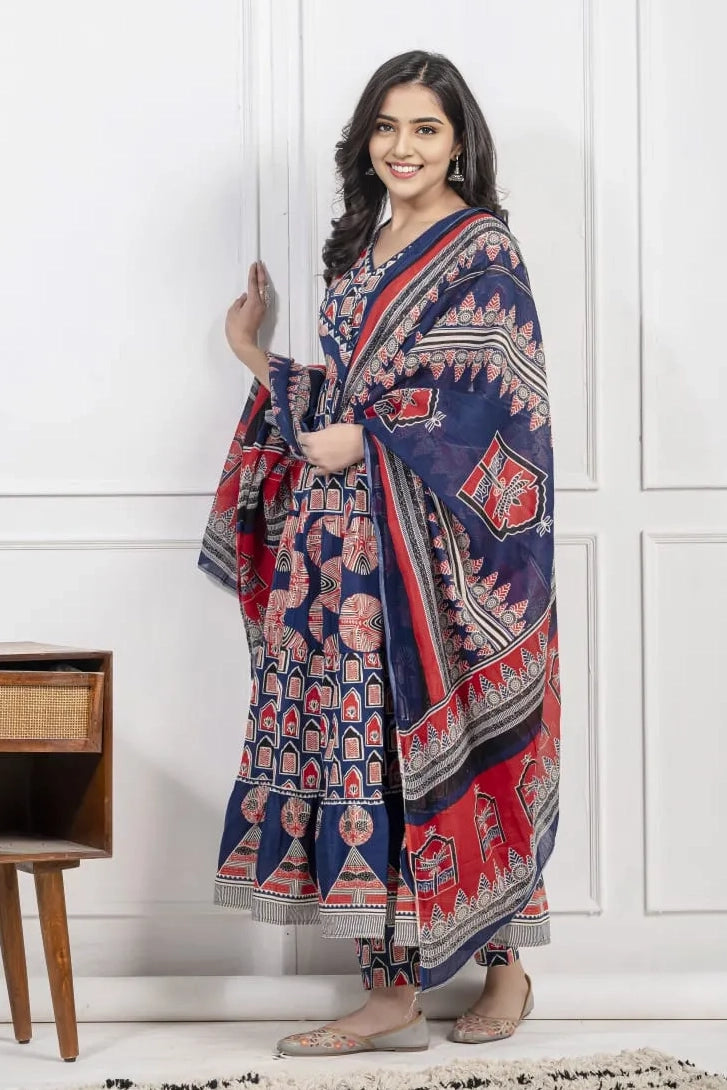 Blue Cotton Angrakha Style Kurta Set