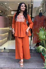 Orange A-line Embroidery Kurta with Palazzo