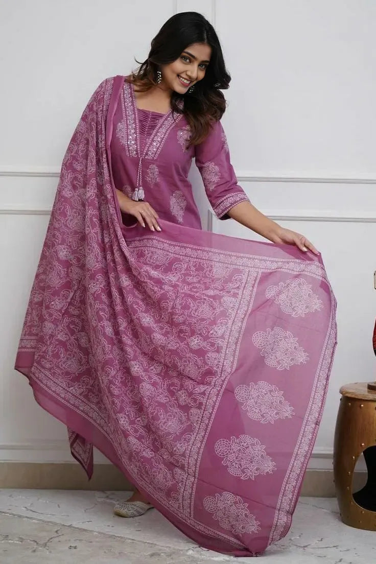 Purple Cotton Printed Kurta Set with Dupatta