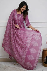 Purple Cotton Printed Kurta Set with Dupatta