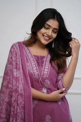 Purple Cotton Printed Kurta Set with Dupatta