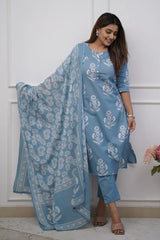 Sky Blue Floral Kurti Set with Dupatta