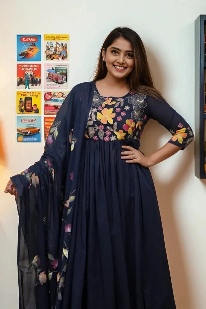 Blue Embroidered Anarkali Kurti Set With Dupatta