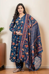 Dark Blue Floral Kurti Set with Dupatta