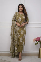 Olive Floral Kurti Set with Dupatta
