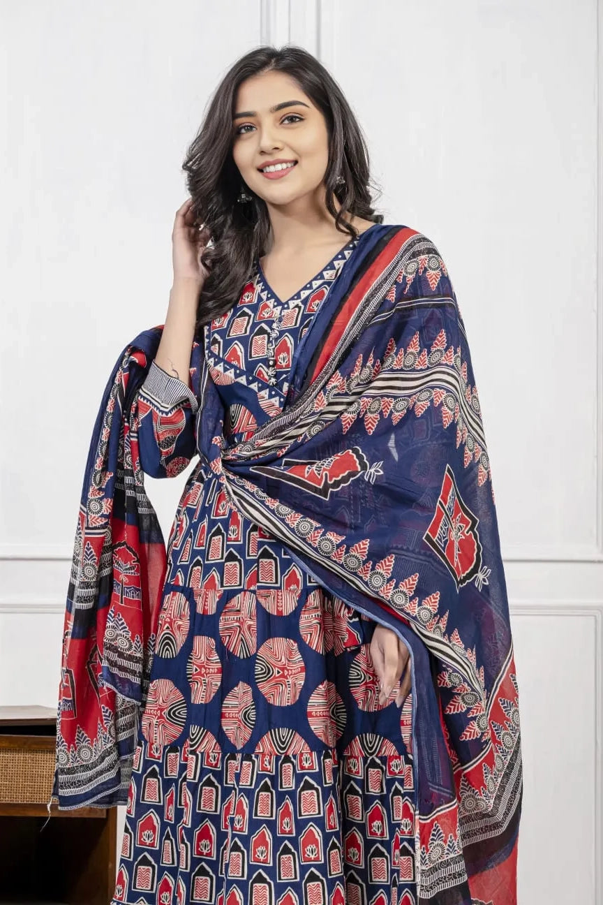 Blue Cotton Angrakha Style Kurta Set