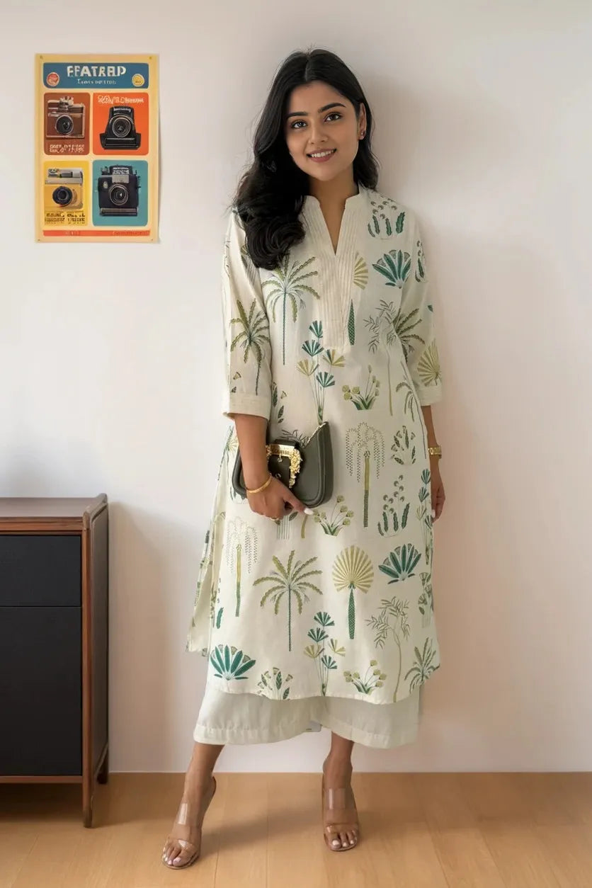 Green Cotton Flex Kurta With Palazzo