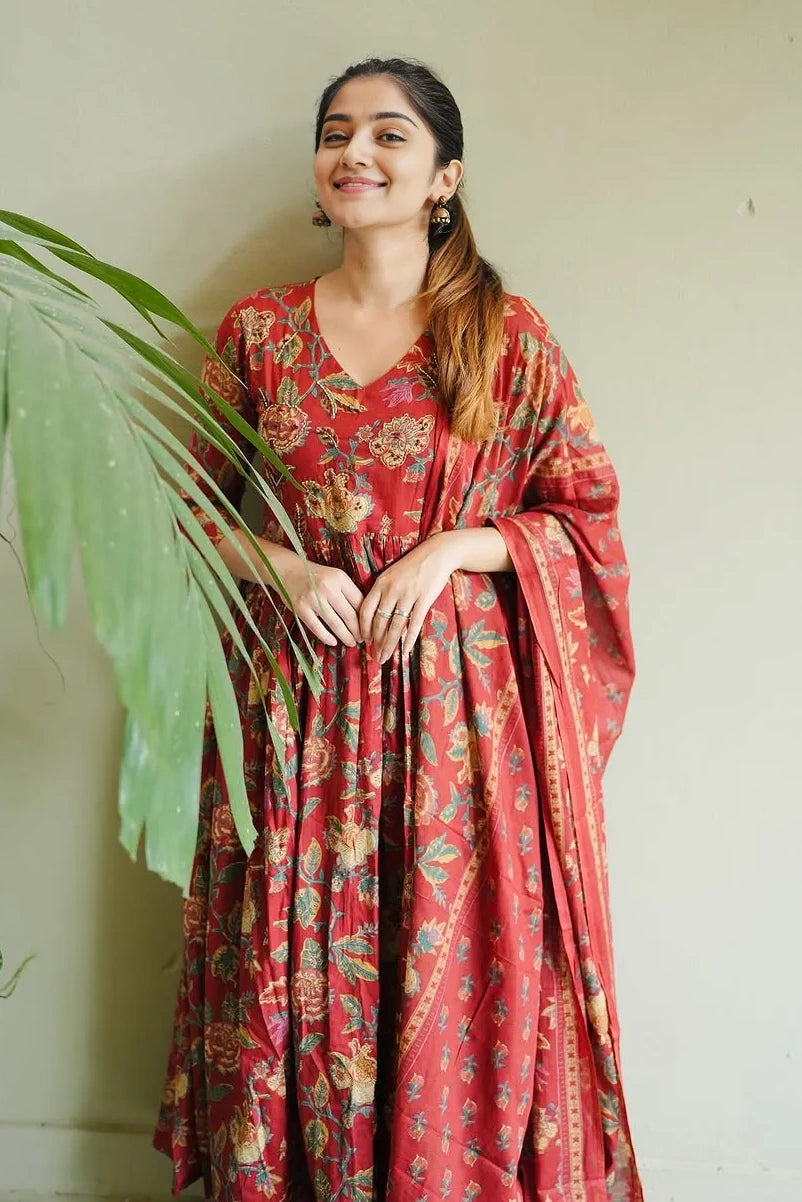 Maroon Floral Kurti Set with Dupatta