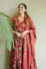 Maroon Floral Kurti Set with Dupatta