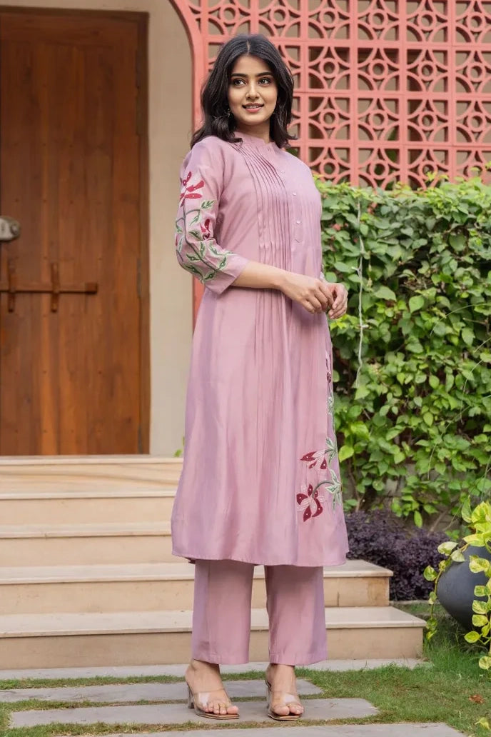 Lilac Embroidered A-Line Kurta with Pant