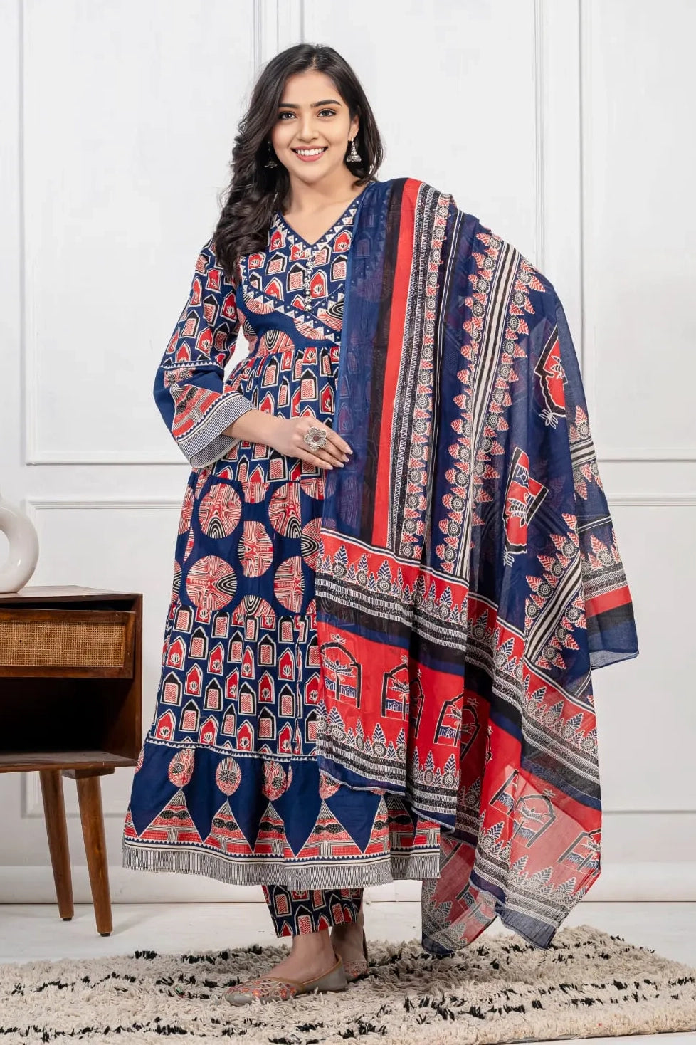 Blue Cotton Angrakha Style Kurta Set