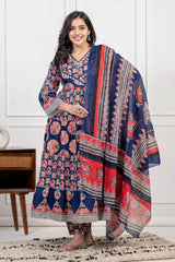 Blue Cotton Angrakha Style Kurta Set