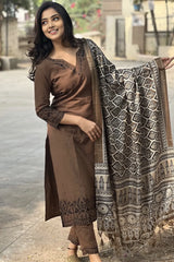 Brown Cotton Embroidered Kurta Set
