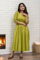 Green Pintex Embroidered Midi Dress