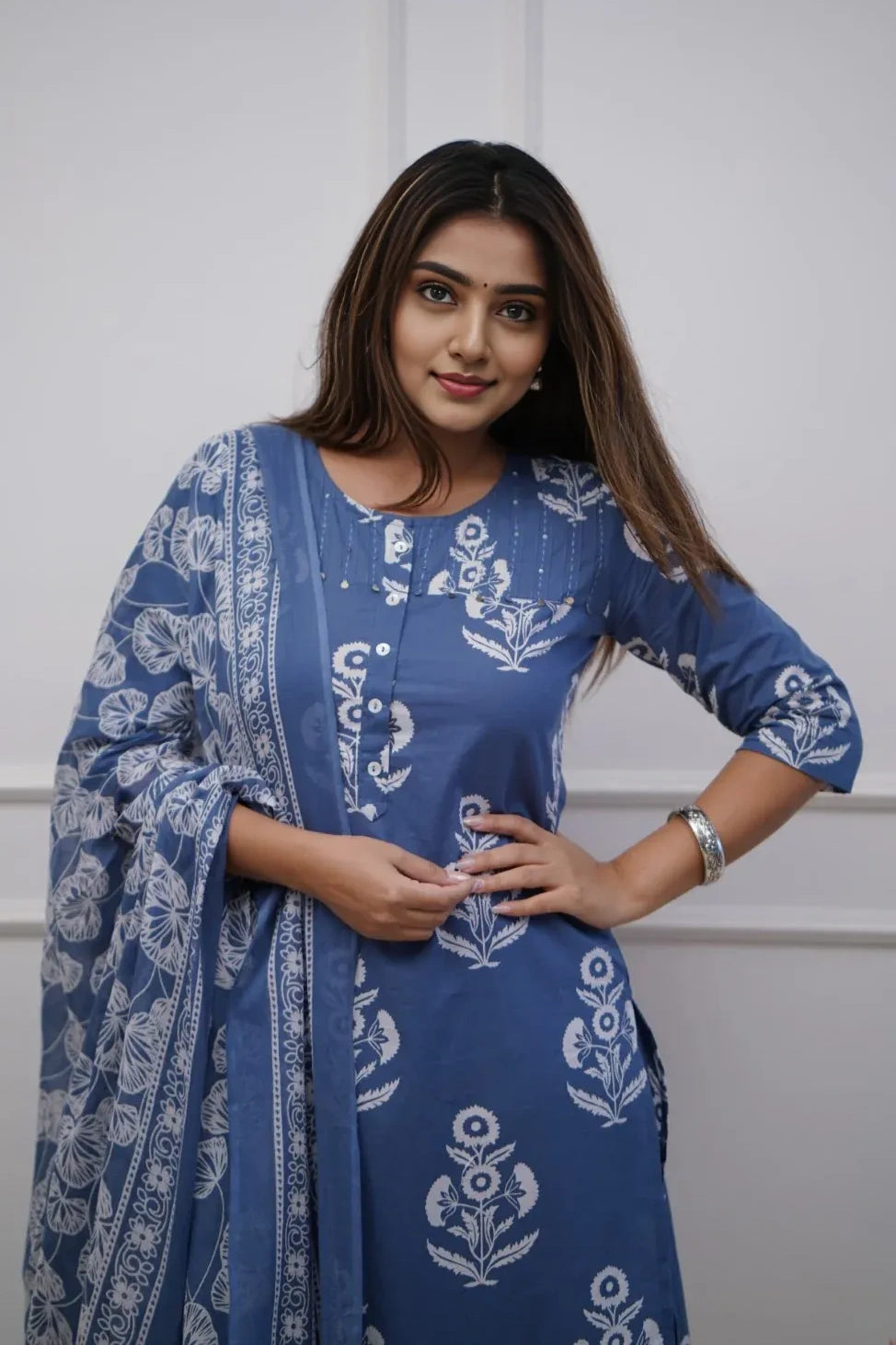 Blue Floral Kurti Set with Dupatta