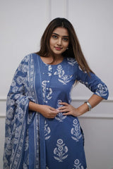 Blue Floral Kurti Set with Dupatta